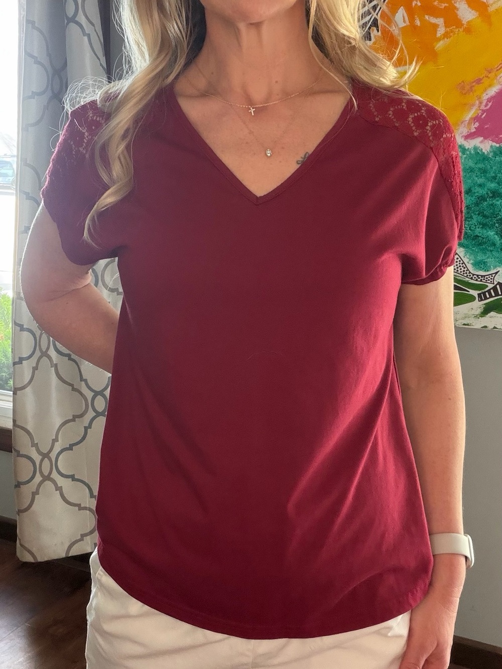 Women’s V-Neck Short Sleeve Top with Lace Shoulder Detail — Burgundy